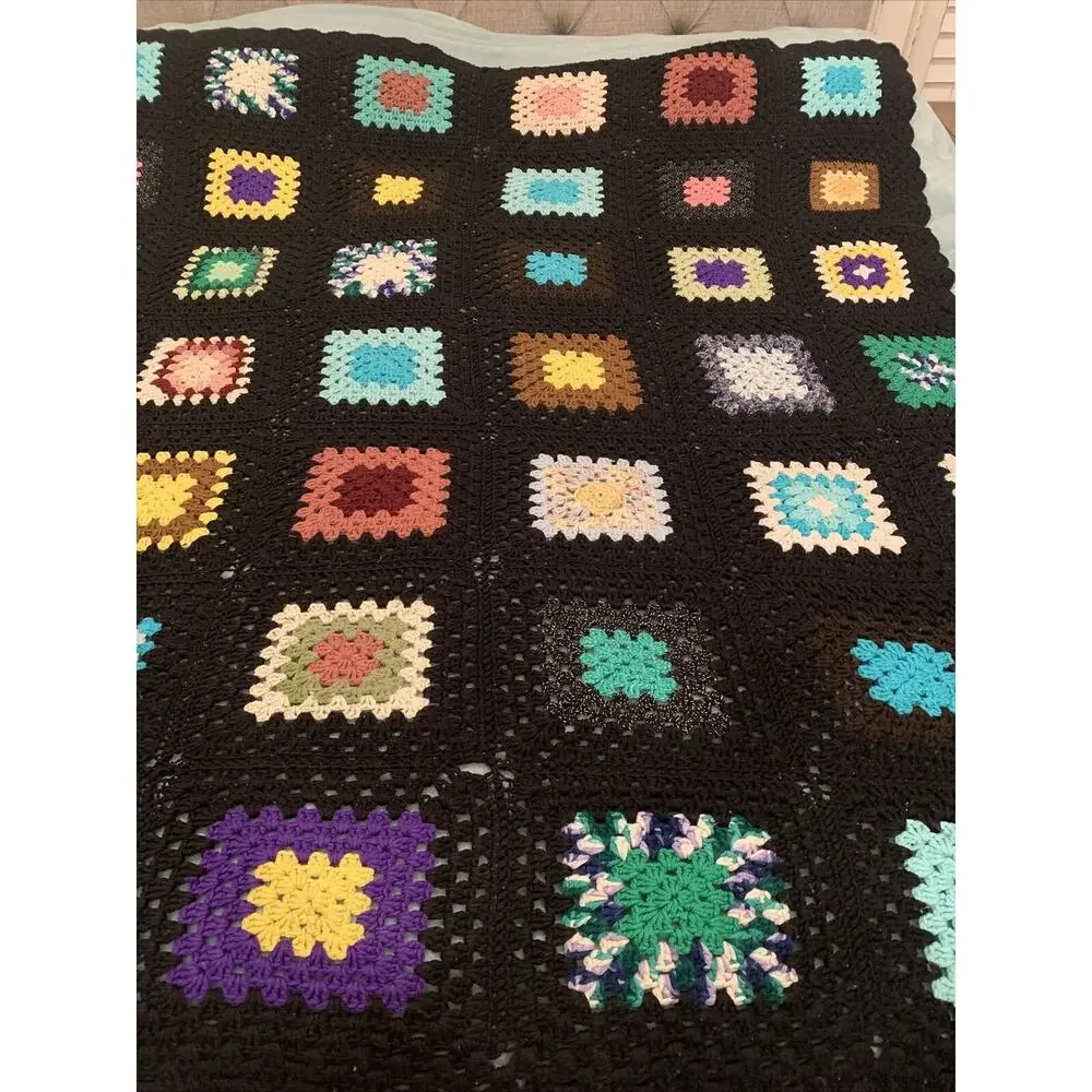 VTG Granny Square Black Afghan Crochet Throw Blanket Roseanne 62x68 SOME PILLING